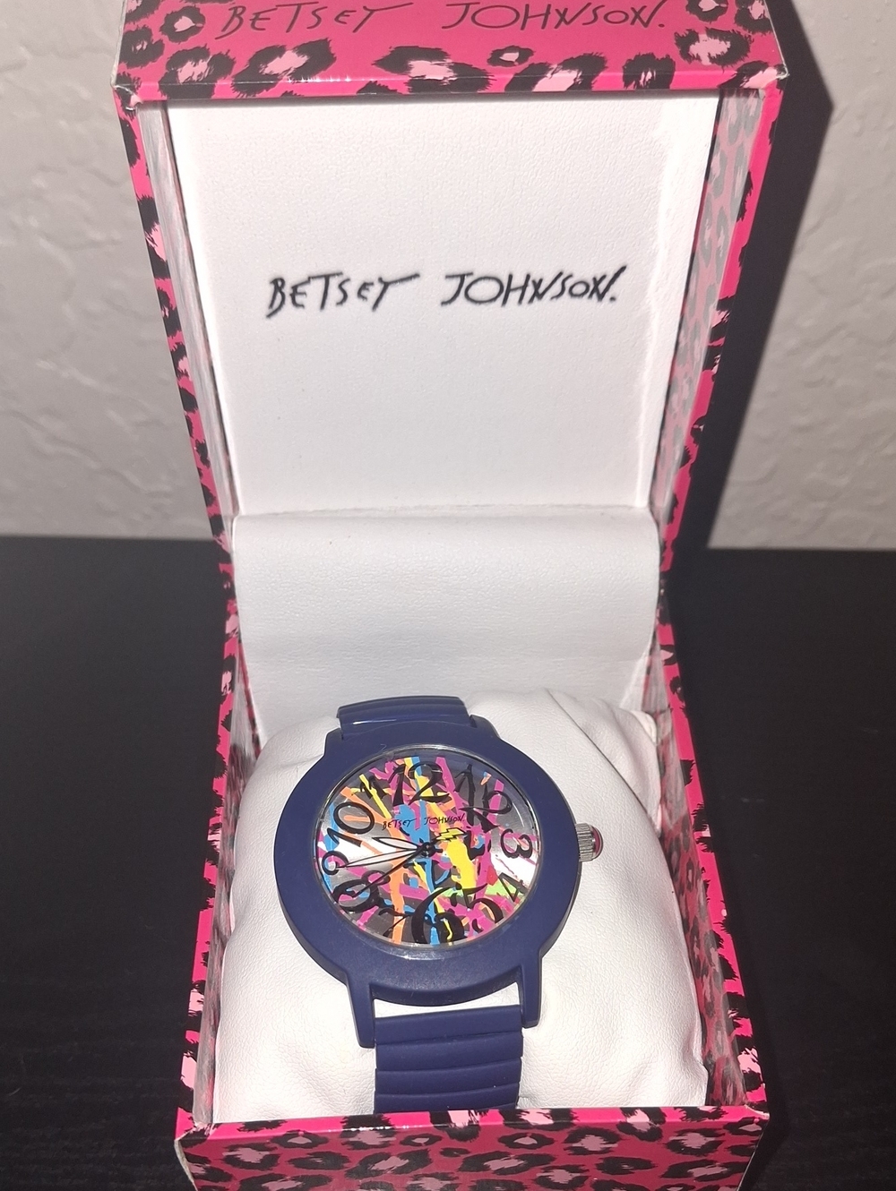 Betsey Johnson Navy Blue Silicone Watch with Multicolor Abstract Dial